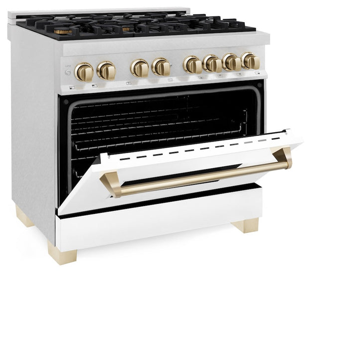 ZLINE Autograph Edition 36 in. 4.6 cu. ft. Legacy Dual Fuel Range with 6 Burner Gas Cooktop and Electric Convection Oven in Satin Stainless Steel with White Matte Door and Polished Gold Accents (RASZ-WM-36-G)