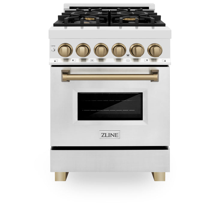 ZLINE Autograph Edition 24 in. 2.8 cu. ft. Legacy Dual Fuel Range with 4 Burner Gas Cooktop and Electric Convection Oven in Stainless Steel and Champagne Bronze Accents, Open Box-Excellent Condition