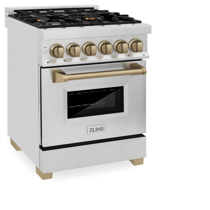 ZLINE Autograph Edition 24 in. 2.8 cu. ft. Legacy Dual Fuel Range with 4 Burner Gas Cooktop and Electric Convection Oven in Stainless Steel and Champagne Bronze Accents, Open Box-Excellent Condition