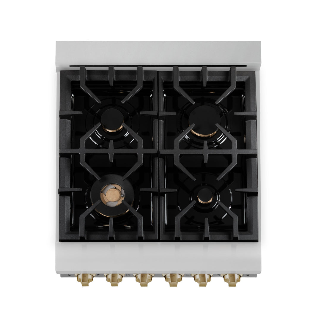 ZLINE Autograph Edition 24 in. 2.8 cu. ft. Legacy Dual Fuel Range with 4 Burner Gas Cooktop and Electric Convection Oven in Stainless Steel and Champagne Bronze Accents, Open Box-Excellent Condition