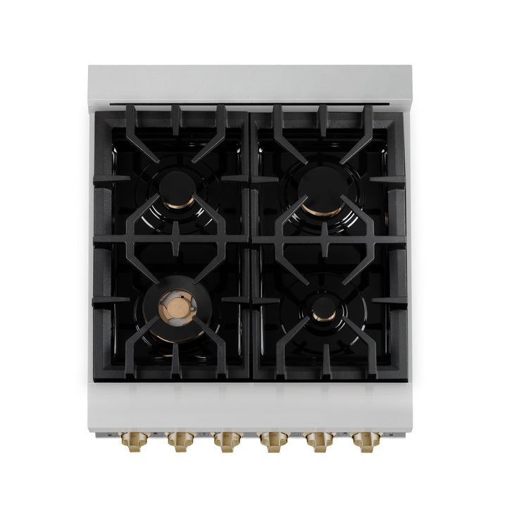 ZLINE Autograph Edition 24 in. 2.8 cu. ft. Legacy Dual Fuel Range with 4 Burner Gas Cooktop and Electric Convection Oven in Stainless Steel and Champagne Bronze Accents, Open Box-Excellent Condition