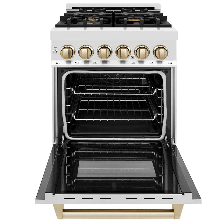 ZLINE Autograph Edition 24 in. 2.8 cu. ft. Legacy Dual Fuel Range with 4 Burner Gas Cooktop and Electric Convection Oven in Stainless Steel and Polished Gold Accents (RAZ-24-G)