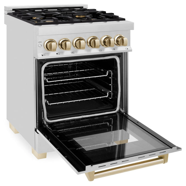ZLINE Autograph Edition 24 in. 2.8 cu. ft. Legacy Dual Fuel Range with 4 Burner Gas Cooktop and Electric Convection Oven in Stainless Steel and Polished Gold Accents (RAZ-24-G)