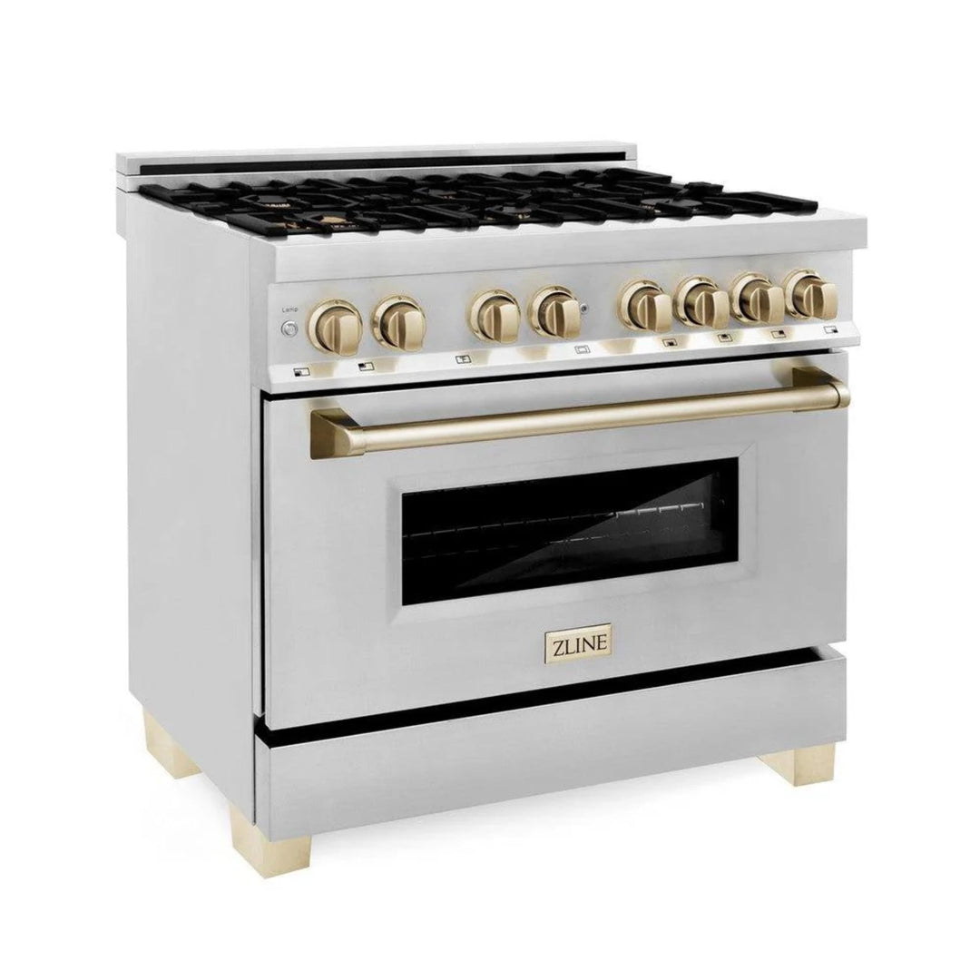 ZLINE Autograph Edition 30", 36", &amp; 48" Stainless Steel 4-Piece Kitchen Package with Polished Gold Accents—Dual Fuel Range, Wall Mount Range Hood, Dishwasher, and Refrigerator