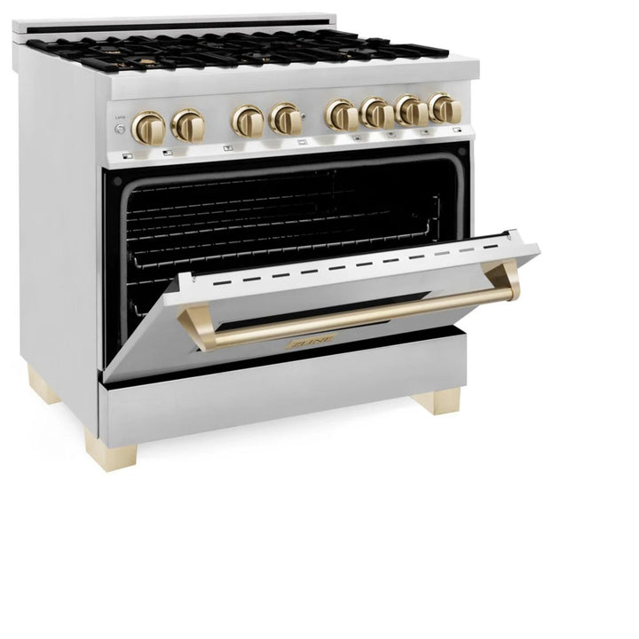 ZLINE Autograph Edition 30", 36", &amp; 48" Stainless Steel 4-Piece Kitchen Package with Polished Gold Accents—Dual Fuel Range, Wall Mount Range Hood, Dishwasher, and Refrigerator