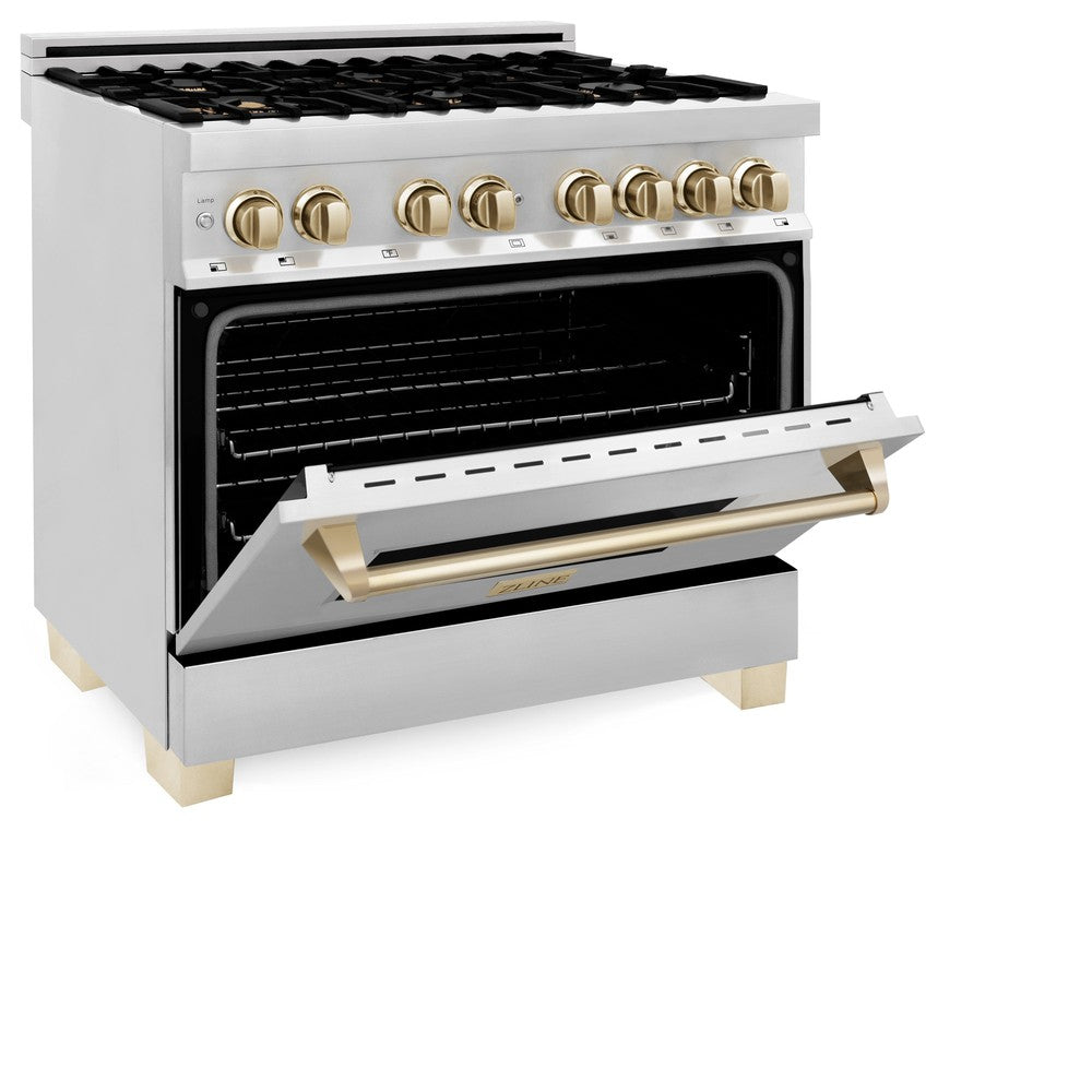 ZLINE Autograph Edition 36 in. Kitchen Package with Stainless Steel Dual Fuel Range, Range Hood, Dishwasher and Refrigerator Including External Water Dispenser with Polished Gold Accents (4AKPR-RARHDWM36-G)