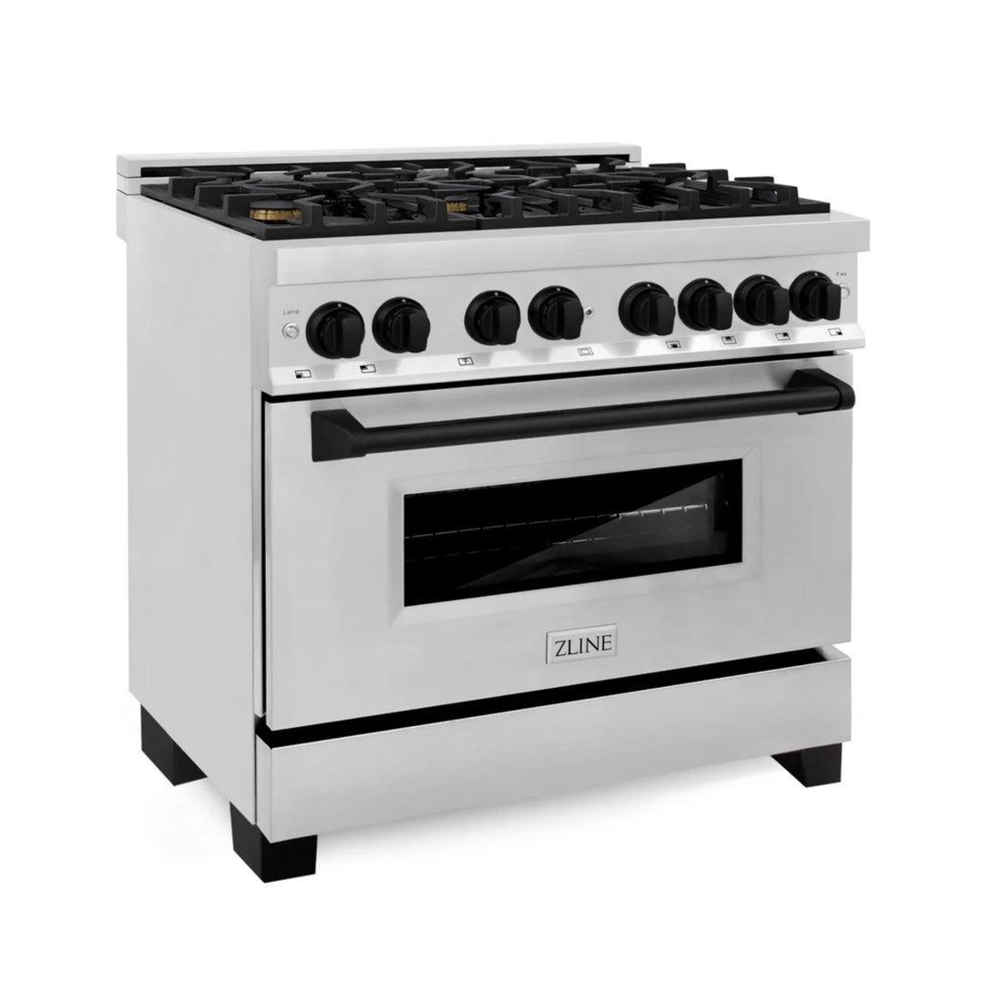 ZLINE Autograph Edition 30", 36", &amp; 48" Stainless Steel 4-Piece Kitchen Package with Matte Black Accents—Dual Fuel Range, Wall Mount Range Hood, Dishwasher, and Refrigerator