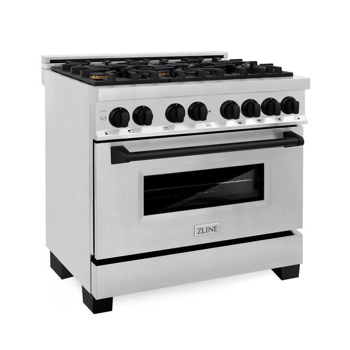 ZLINE Autograph Edition 36 in. Kitchen Package with Stainless Steel Dual Fuel Range, Range Hood, Dishwasher and Refrigerator Including External Water Dispenser with Matte Black Accents (4AKPR-RARHDWM36-MB)
