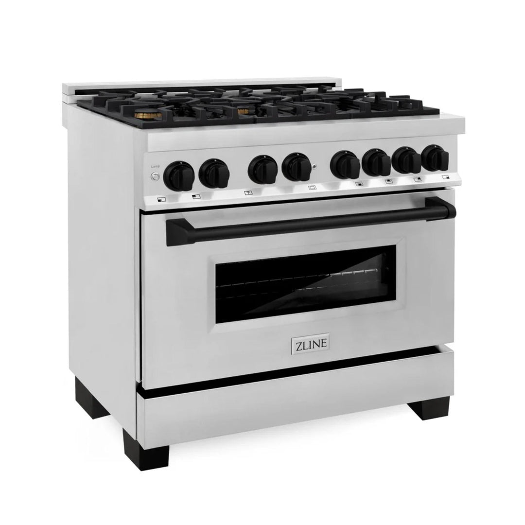 ZLINE Autograph Edition 30", 36", &amp; 48" Stainless Steel 4-Piece Kitchen Package with Matte Black Accents—Dual Fuel Range, Wall Mount Range Hood, Dishwasher, and Refrigerator.