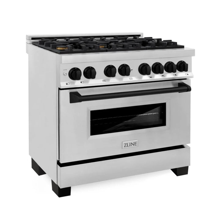 ZLINE Autograph Edition 30", 36", &amp; 48" Stainless Steel 4-Piece Kitchen Package with Matte Black Accents—Dual Fuel Range, Wall Mount Range Hood, Dishwasher, and Refrigerator.