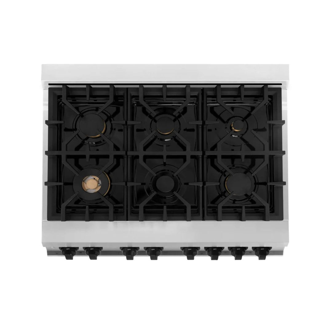 ZLINE Autograph Edition 30", 36", &amp; 48" Stainless Steel 4-Piece Kitchen Package with Matte Black Accents—Dual Fuel Range, Wall Mount Range Hood, Dishwasher, and Refrigerator.