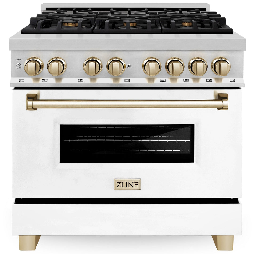 ZLINE Autograph 36" 4.6 cu. ft. Dual Fuel Range with White Matte Door and Gold Accents, RAZ-WM-36-G