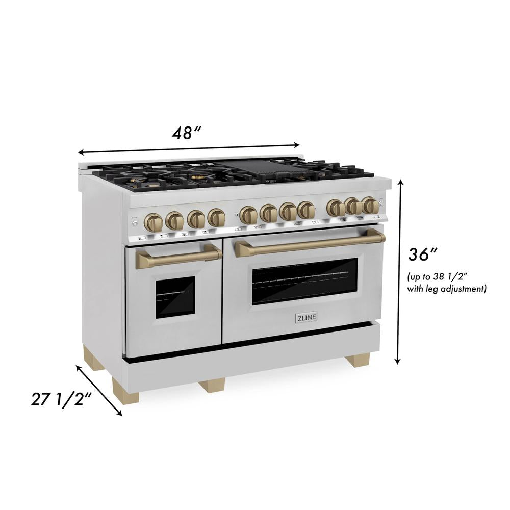 ZLINE Autograph Edition 48 in. Kitchen Package with Stainless Steel Dual Fuel Range, Range Hood and Dishwasher with Champagne Bronze Accents (3AKP-RARHDWM48-CB)