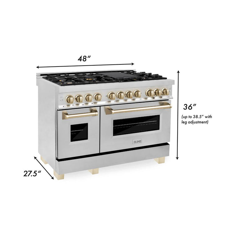 ZLINE Autograph Edition 48 in. Kitchen Package with Stainless Steel Dual Fuel Range, Range Hood, Dishwasher and Refrigerator Including External Water Dispenser with Polished Gold Accents (4AKPR-RARHDWM48-G)