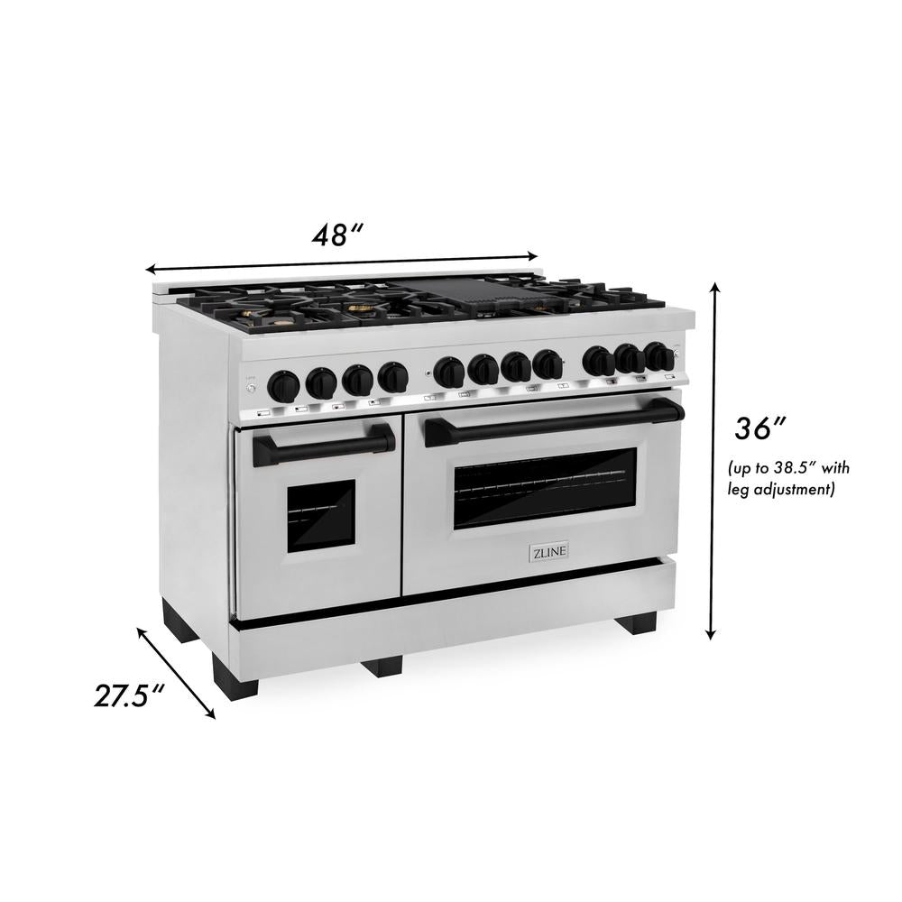 ZLINE Autograph Edition 48 in. Kitchen Package with Stainless Steel Dual Fuel Range and Range Hood with Matte Black Accents (2AKP-RARH48-MB)