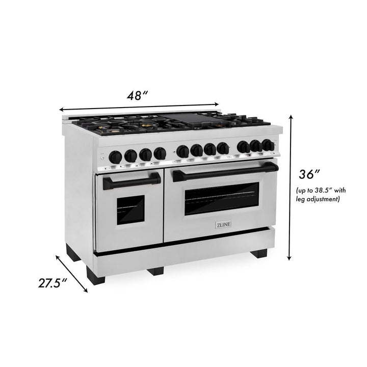 ZLINE Autograph Edition 48 in. Kitchen Package with Stainless Steel Dual Fuel Range and Range Hood with Matte Black Accents (2AKP-RARH48-MB)