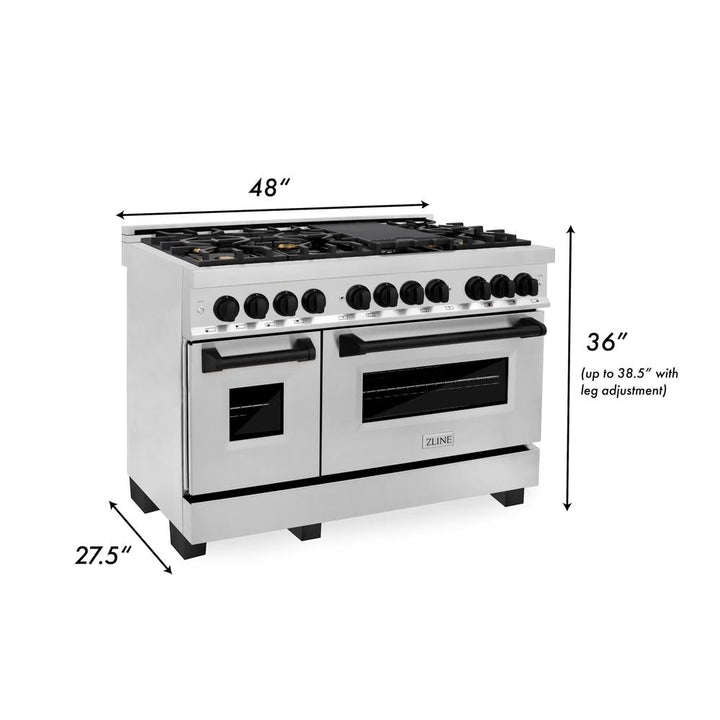 ZLINE Autograph Edition 48 in. Kitchen Package with Stainless Steel Dual Fuel Range, Range Hood, Dishwasher and Refrigerator with Matte Black Accents (4KAPR-RARHDWM48-MB)