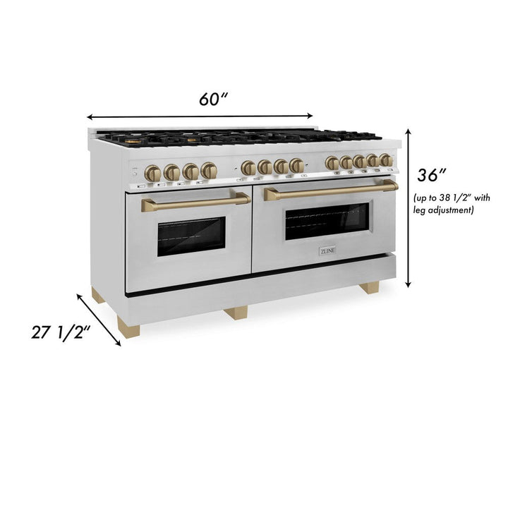 ZLINE Autograph 60" 7.4 cu. ft. Dual Fuel Range in Stainless Steel with Bronze Accents, RAZ-60-CB