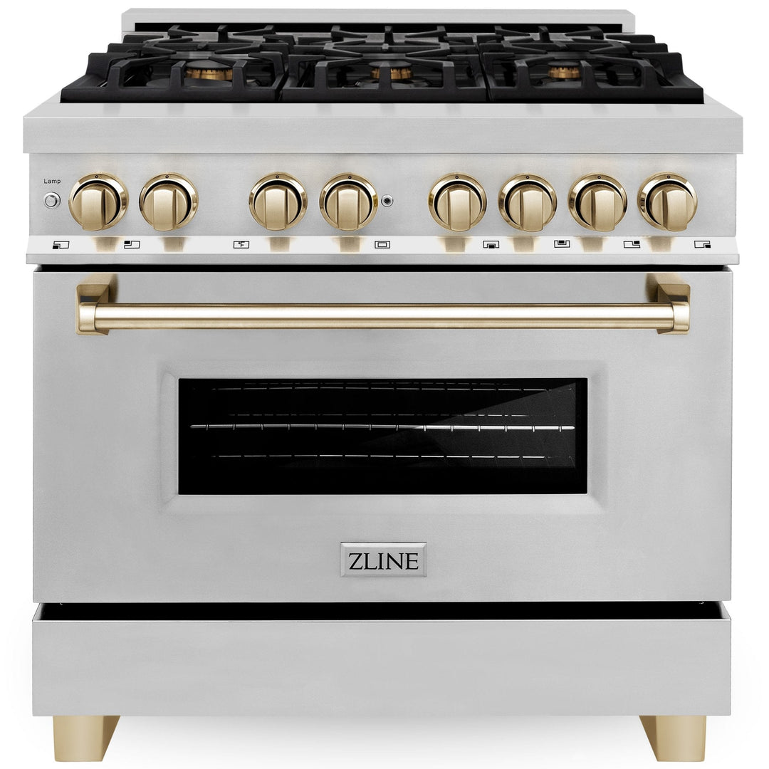 ZLINE Autograph 36" 4.6 cu. ft. Dual Fuel Range in Stainless Steel with Gold Accent, RAZ-36-G