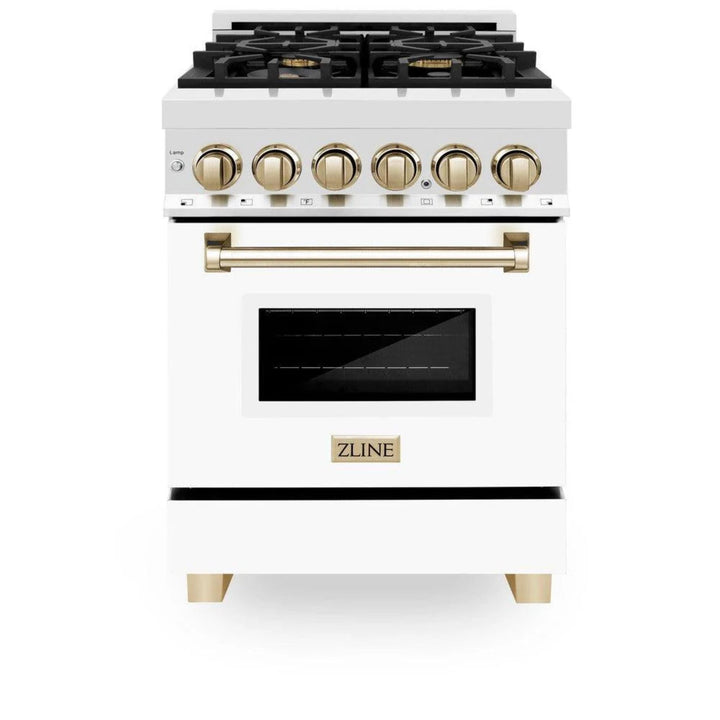 ZLINE Autograph Edition 24", 30", 36", 48", &amp; 60" Legacy Dual Fuel Range with White Matte Doors—Champagne Bronze, Polished Gold, and Matte Black Accents RAZ-WM Series.