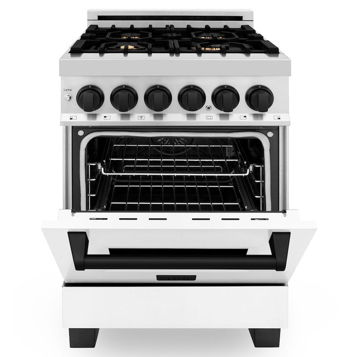 ZLINE Autograph Edition 24 in. 2.8 cu. ft. Legacy Dual Fuel Range with 4 Burner Gas Cooktop and Electric Convection Oven in Stainless Steel with White Matte Door and Matte Black Accents, Open Box-Excellent Condition