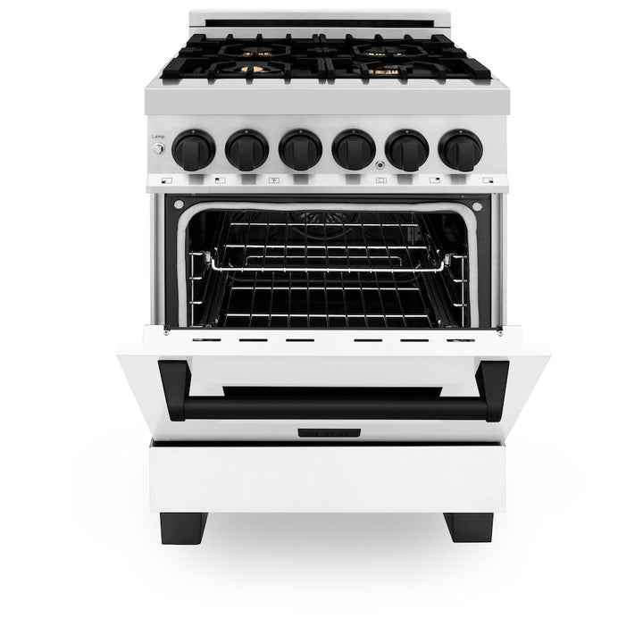 ZLINE Autograph Edition 24 in. 2.8 cu. ft. Legacy Dual Fuel Range with 4 Burner Gas Cooktop and Electric Convection Oven in Stainless Steel with White Matte Door and Matte Black Accents, Open Box-Excellent Condition