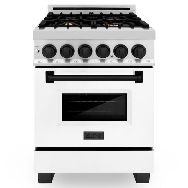 ZLINE Autograph Edition 24 in. 2.8 cu. ft. Legacy Dual Fuel Range with 4 Burner Gas Cooktop and Electric Convection Oven in Stainless Steel with White Matte Door and Matte Black Accents, Open Box-Excellent Condition