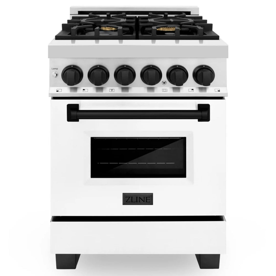 ZLINE Autograph Edition 24", 30", 36", 48", &amp; 60" Legacy Dual Fuel Range with White Matte Doors—Champagne Bronze, Polished Gold, and Matte Black Accents RAZ-WM Series.