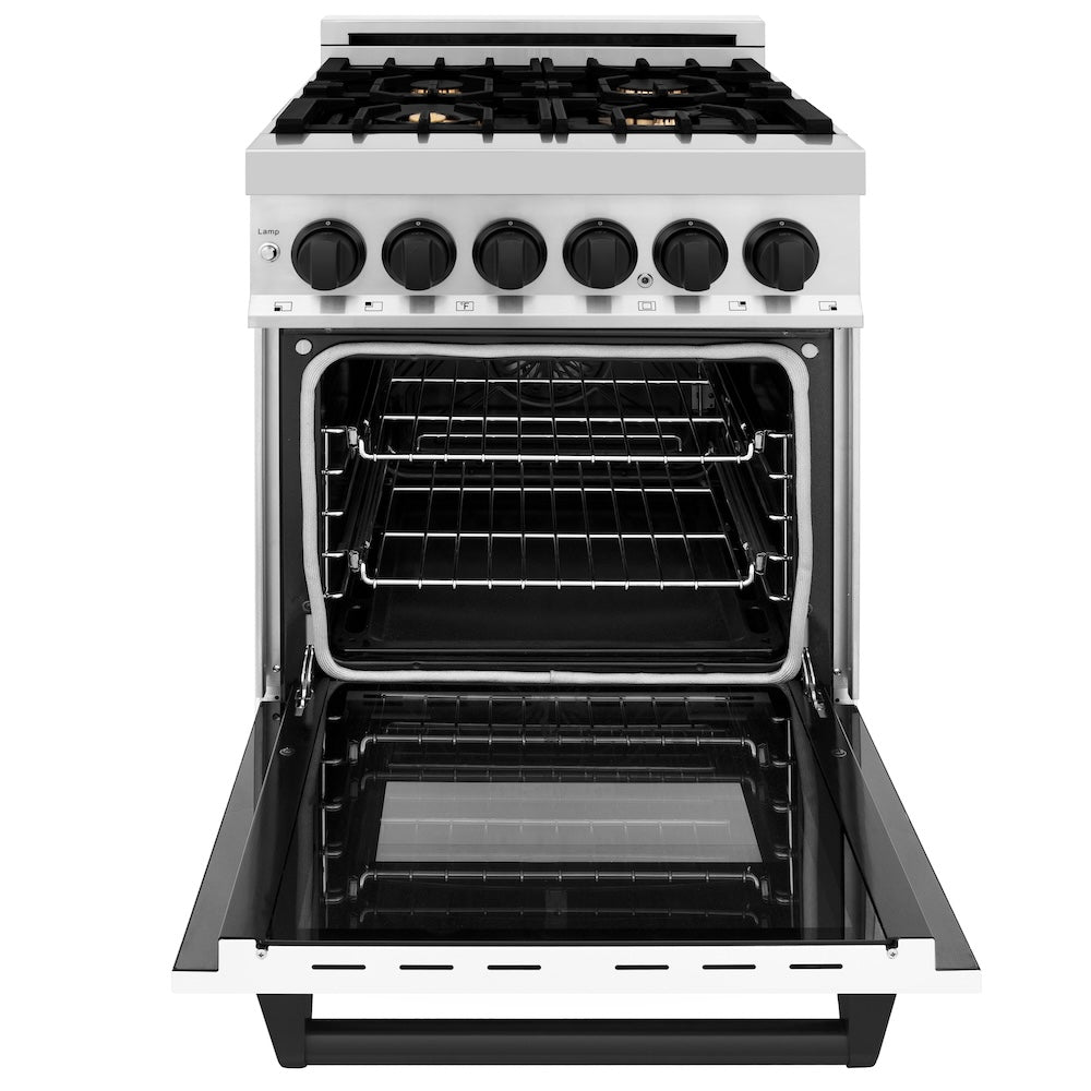 ZLINE Autograph Edition 24 in. 2.8 cu. ft. Legacy Dual Fuel Range with 4 Burner Gas Cooktop and Electric Convection Oven in Stainless Steel with White Matte Door and Matte Black Accents, Open Box-Excellent Condition