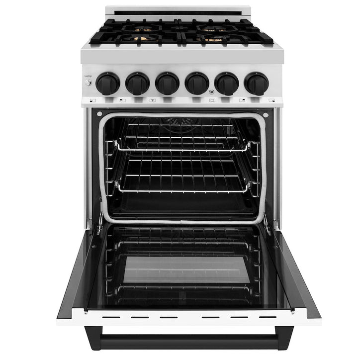 ZLINE Autograph Edition 24 in. 2.8 cu. ft. Legacy Dual Fuel Range with 4 Burner Gas Cooktop and Electric Convection Oven in Stainless Steel with White Matte Door and Matte Black Accents, Open Box-Excellent Condition