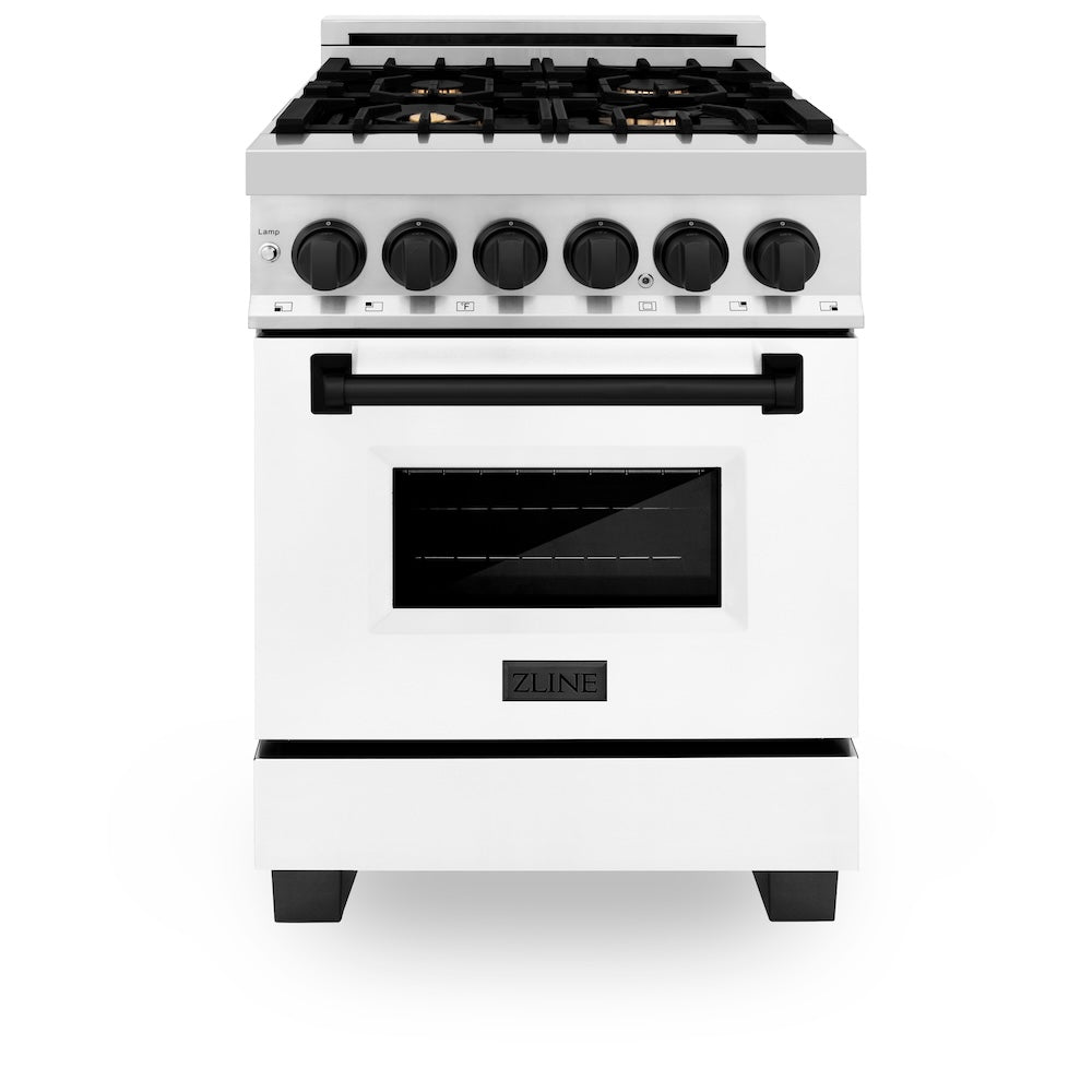 ZLINE Autograph Edition 24 in. 2.8 cu. ft. Legacy Dual Fuel Range with 4 Burner Gas Cooktop and Electric Convection Oven in Stainless Steel with White Matte Door and Matte Black Accents, Open Box-Excellent Condition