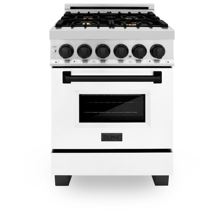 ZLINE Autograph Edition 24 in. 2.8 cu. ft. Legacy Dual Fuel Range with 4 Burner Gas Cooktop and Electric Convection Oven in Stainless Steel with White Matte Door and Matte Black Accents, Open Box-Excellent Condition