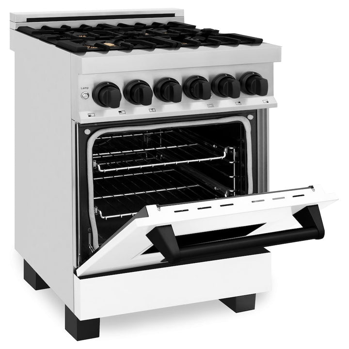 ZLINE Autograph Edition 24 in. 2.8 cu. ft. Legacy Dual Fuel Range with 4 Burner Gas Cooktop and Electric Convection Oven in Stainless Steel with White Matte Door and Matte Black Accents, Open Box-Excellent Condition
