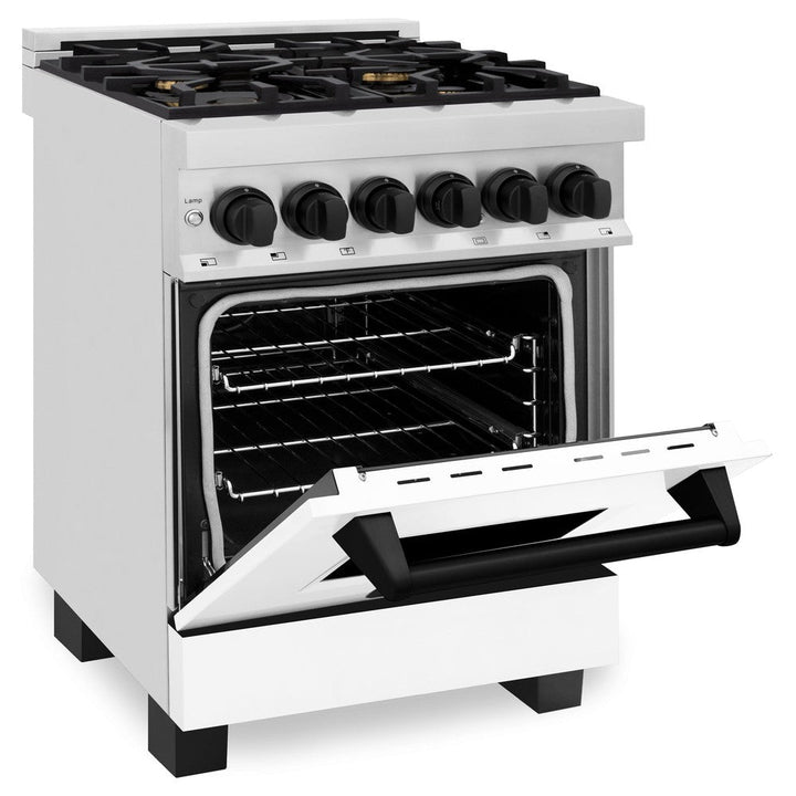 ZLINE Autograph Edition 24 in. 2.8 cu. ft. Legacy Dual Fuel Range with 4 Burner Gas Cooktop and Electric Convection Oven in Stainless Steel with White Matte Door and Matte Black Accents (RAZ-WM-24-MB)