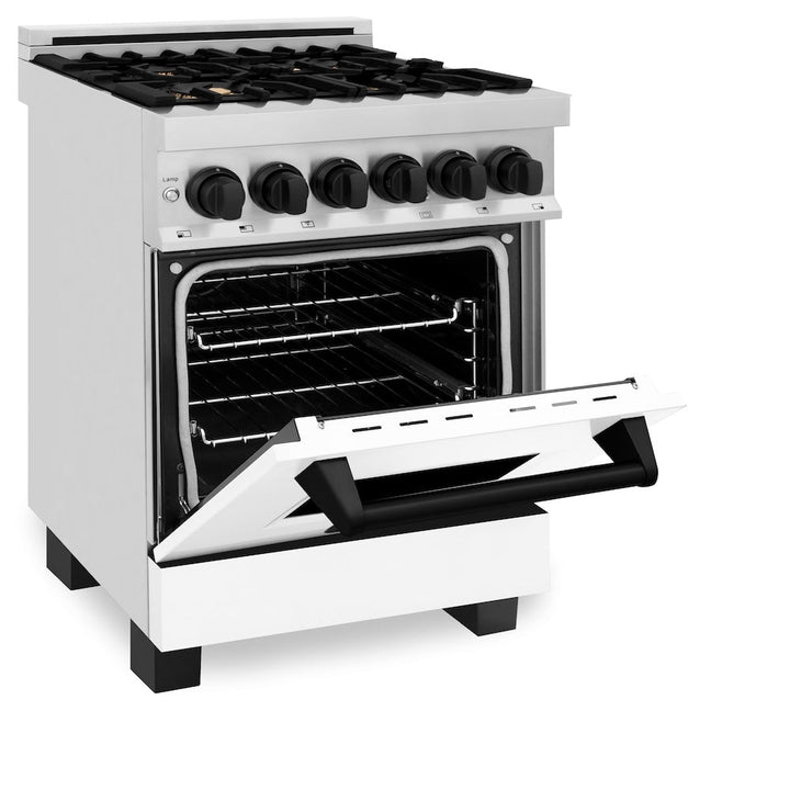 ZLINE Autograph Edition 24 in. 2.8 cu. ft. Legacy Dual Fuel Range with 4 Burner Gas Cooktop and Electric Convection Oven in Stainless Steel with White Matte Door and Matte Black Accents, Open Box-Excellent Condition