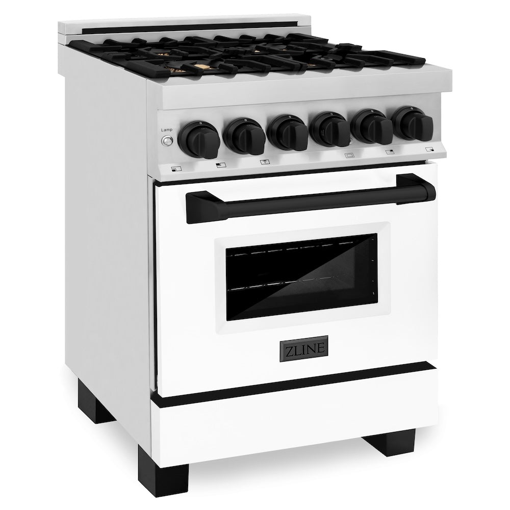 ZLINE Autograph Edition 24 in. 2.8 cu. ft. Legacy Dual Fuel Range with 4 Burner Gas Cooktop and Electric Convection Oven in Stainless Steel with White Matte Door and Matte Black Accents, Open Box-Excellent Condition