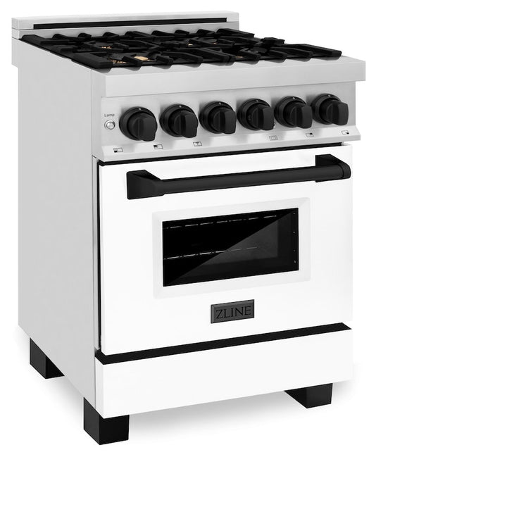 ZLINE Autograph Edition 24 in. 2.8 cu. ft. Legacy Dual Fuel Range with 4 Burner Gas Cooktop and Electric Convection Oven in Stainless Steel with White Matte Door and Matte Black Accents, Open Box-Excellent Condition