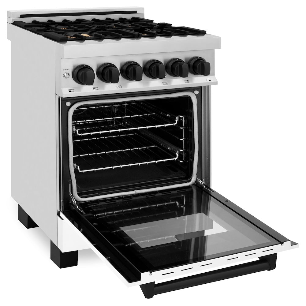 ZLINE Autograph Edition 24 in. 2.8 cu. ft. Legacy Dual Fuel Range with 4 Burner Gas Cooktop and Electric Convection Oven in Stainless Steel with White Matte Door and Matte Black Accents, Open Box-Excellent Condition