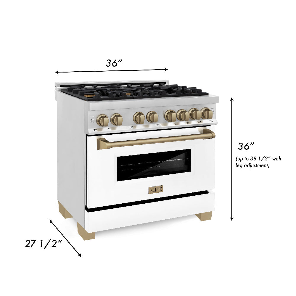 ZLINE Autograph Edition 36 in. Kitchen Package with Stainless Steel Dual Fuel Range with White Matte Door, Range Hood and Dishwasher with Champagne Bronze Accents (3AKP-RAWMRHDWM36-CB)