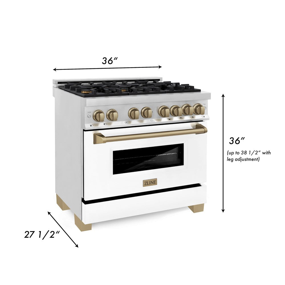 ZLINE Autograph 36" 4.6 cu. ft. Dual Fuel Range with White Matte Door and Bronze Accents, RAZ-WM-36-CB