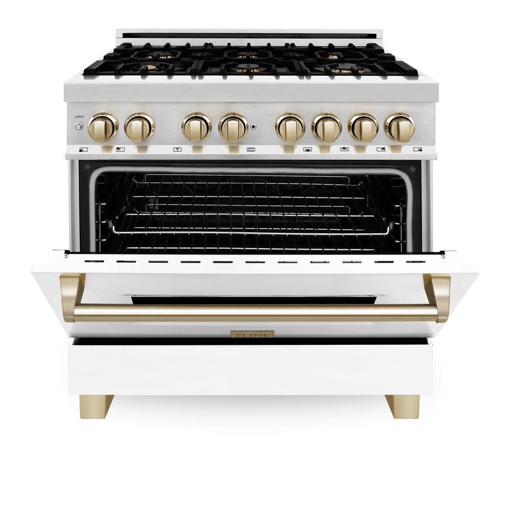 ZLINE Autograph 36" 4.6 cu. ft. Dual Fuel Range with White Matte Door and Gold Accents, RAZ-WM-36-G