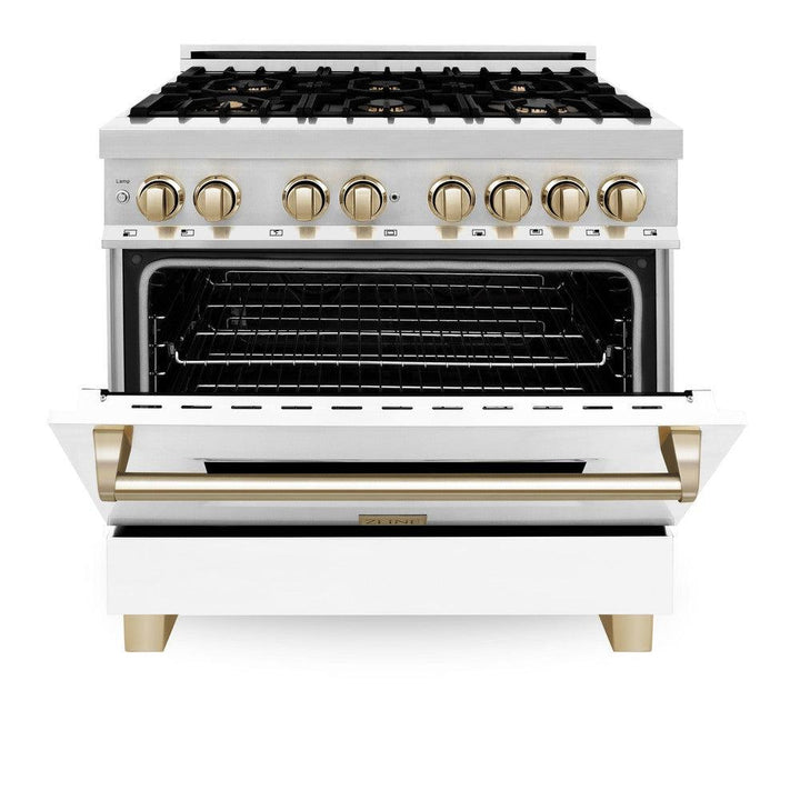 ZLINE Autograph 36" 4.6 cu. ft. Dual Fuel Range with White Matte Door and Gold Accents, RAZ-WM-36-G