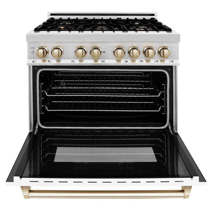 ZLINE Autograph 36" 4.6 cu. ft. Dual Fuel Range with White Matte Door and Gold Accents, RAZ-WM-36-G