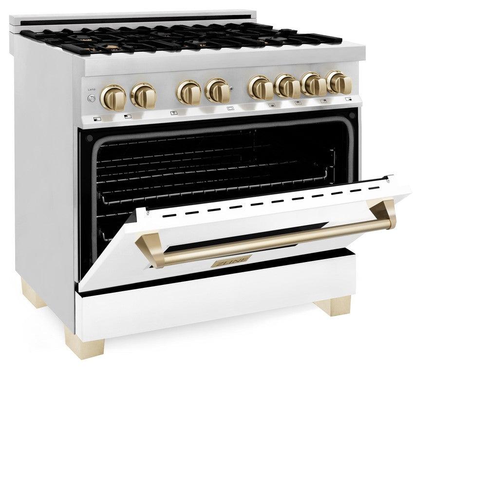 ZLINE Autograph 36" 4.6 cu. ft. Dual Fuel Range with White Matte Door and Gold Accents, RAZ-WM-36-G