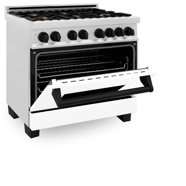 ZLINE Autograph Edition 36 in. 4.6 cu. ft. Legacy Dual Fuel Range with 6 Burner Gas Cooktop and Electric Convection Oven in Satin Stainless Steel with White Matte Door and Matte Black Accents (RASZ-WM-36-MB)