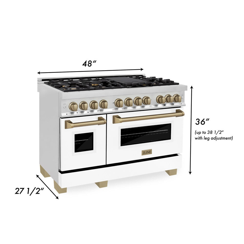 ZLINE Autograph 48" 6.0 cu. ft. Dual Fuel Range with White Matte Door with Bronze Accents, RAZ-WM-48-CB