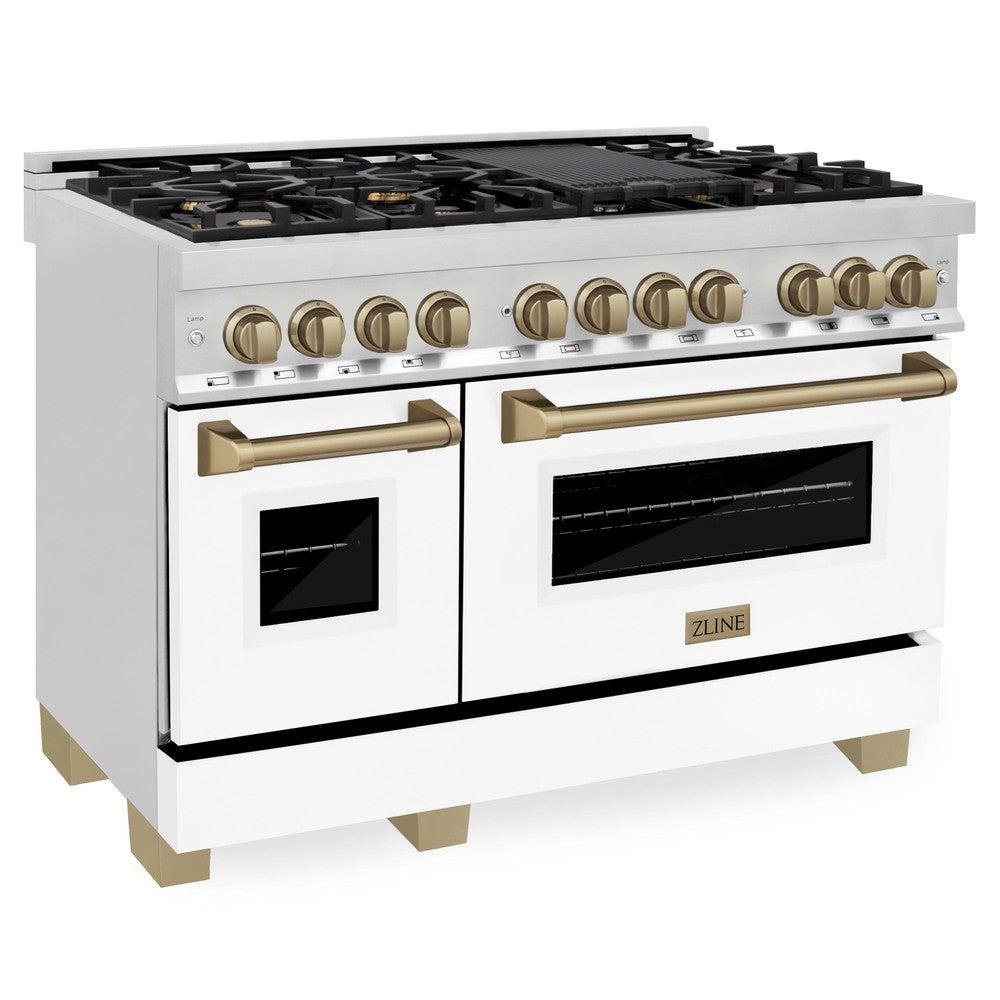 ZLINE Autograph 48" 6.0 cu. ft. Dual Fuel Range with White Matte Door with Bronze Accents, RAZ-WM-48-CB