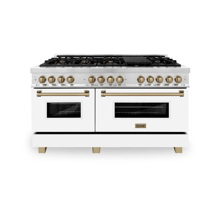 ZLINE Autograph 60" 7.4 cu. ft. Dual Fuel Range with White Matte Door and Bronze Accents, RAZ-WM-60-CB