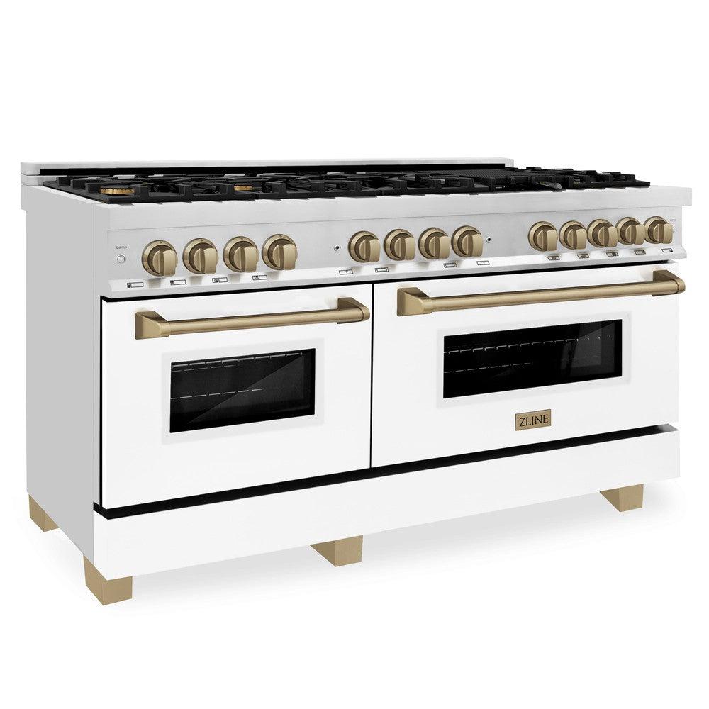 ZLINE Autograph 60" 7.4 cu. ft. Dual Fuel Range with White Matte Door and Bronze Accents, RAZ-WM-60-CB