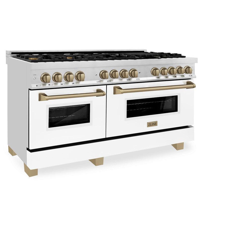 ZLINE Autograph 60" 7.4 cu. ft. Dual Fuel Range with White Matte Door and Bronze Accents, RAZ-WM-60-CB